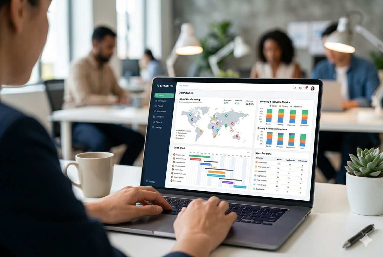 CharmHR analytics dashboard with global workforce map and diversity metrics on a laptop