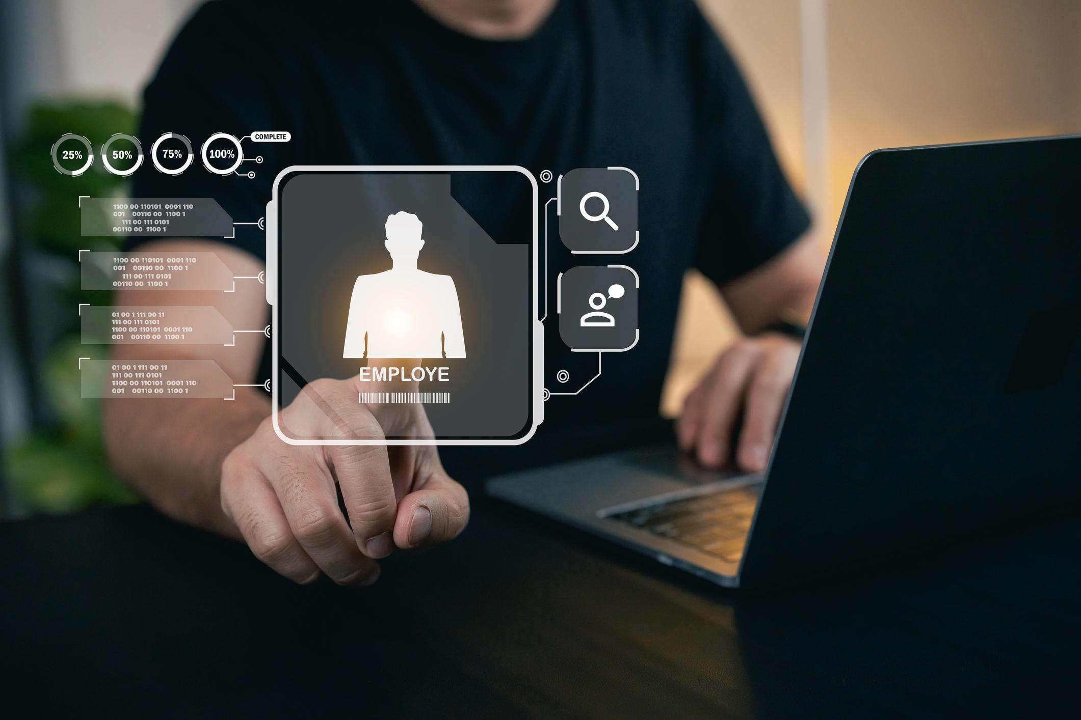 Manager opening a digital employee profile card with search and records
