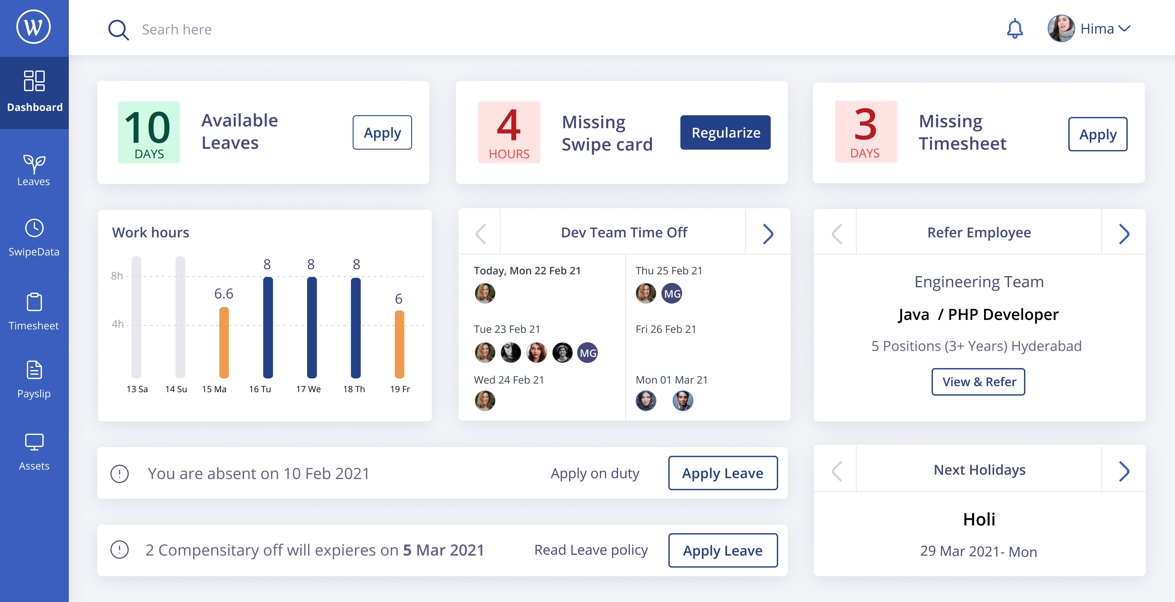 HR software dashboard showing work hours, available leaves and timesheet alerts