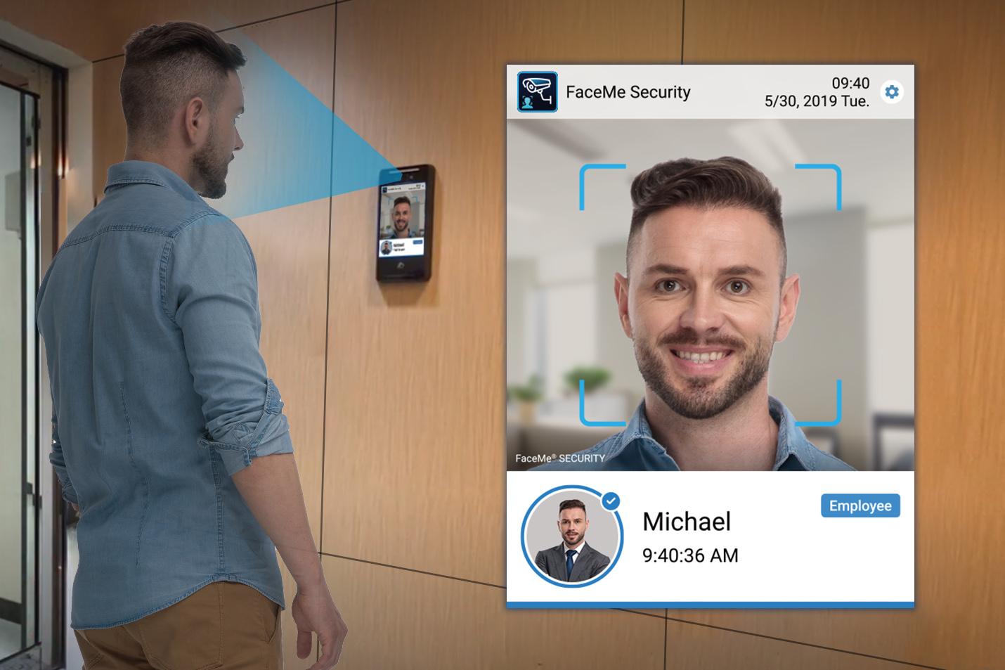 Employee checking in through a wall-mounted face recognition attendance device