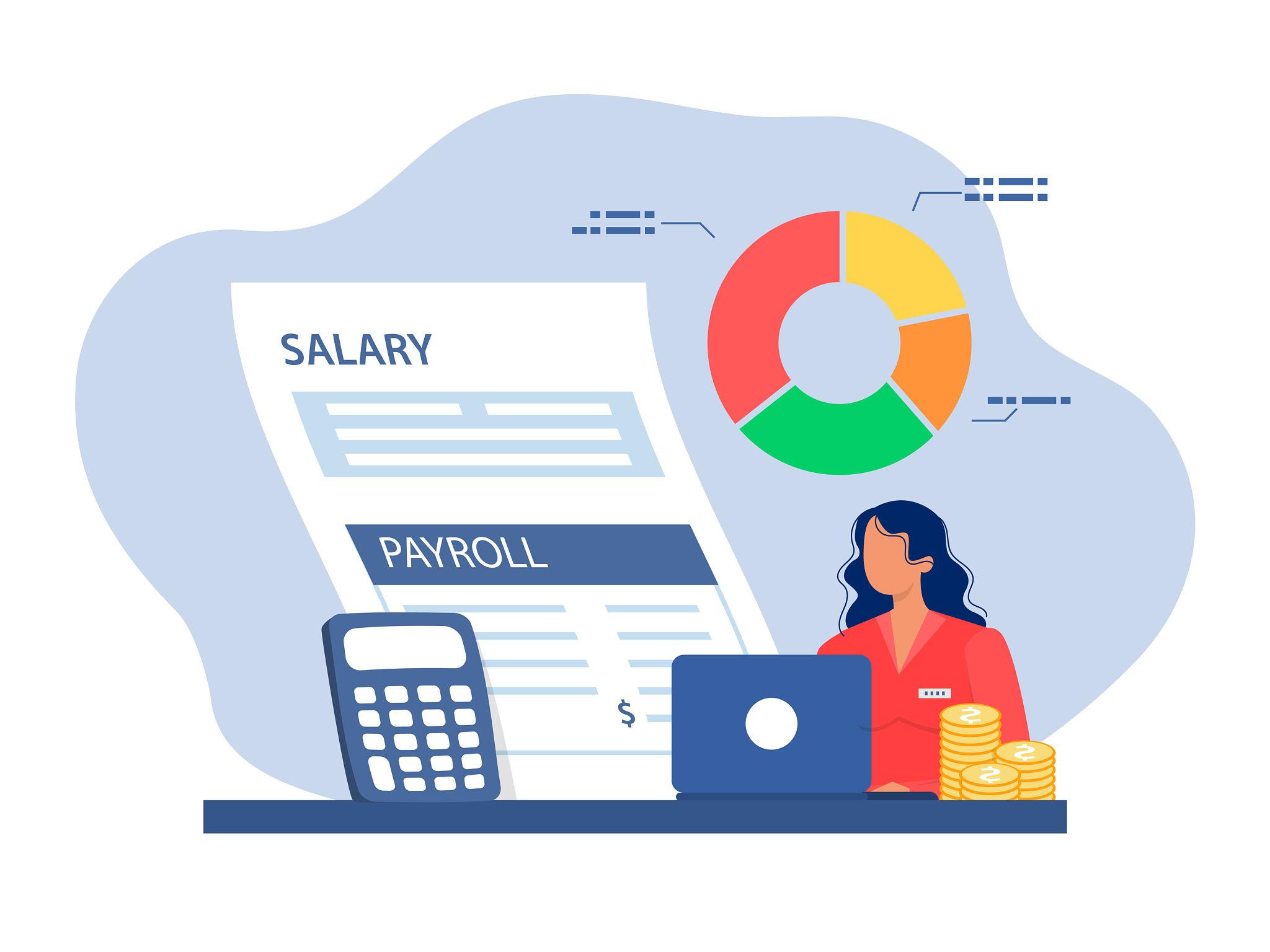 Accountant processing salary and payroll with calculator, payslip and salary analytics
