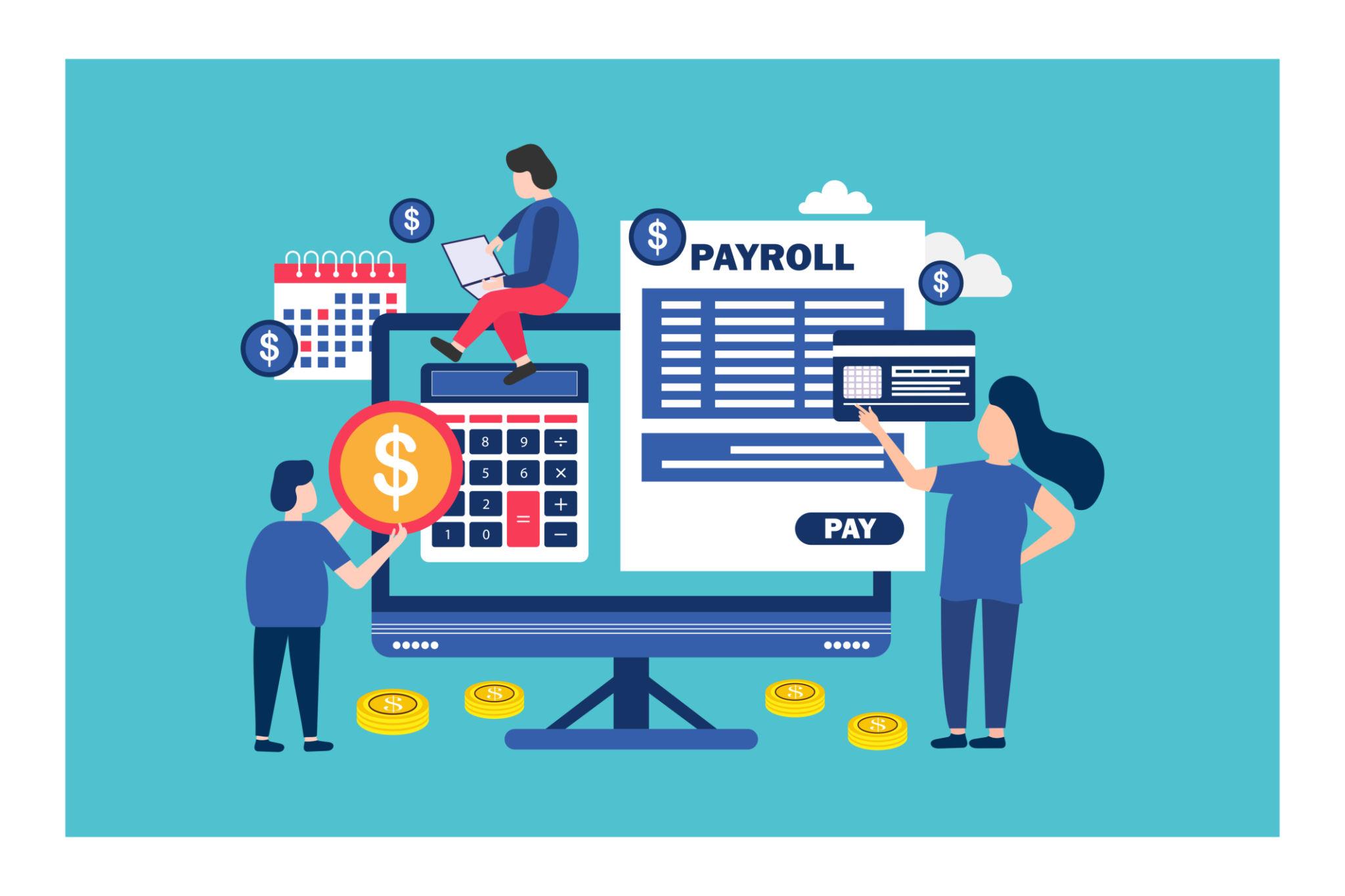 Team generating payroll payslips on a computer with calculator and salary card