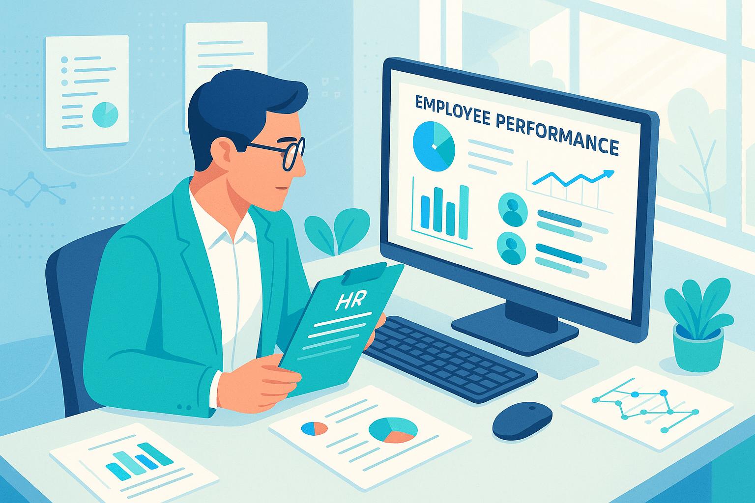 HR manager reviewing employee performance charts on a computer