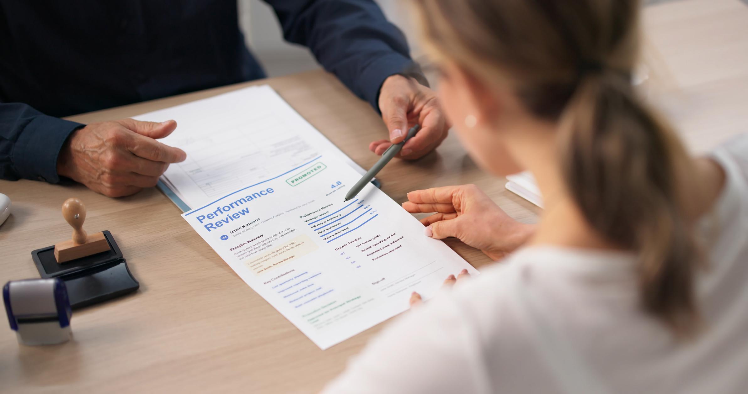 Manager and employee discussing a performance review document